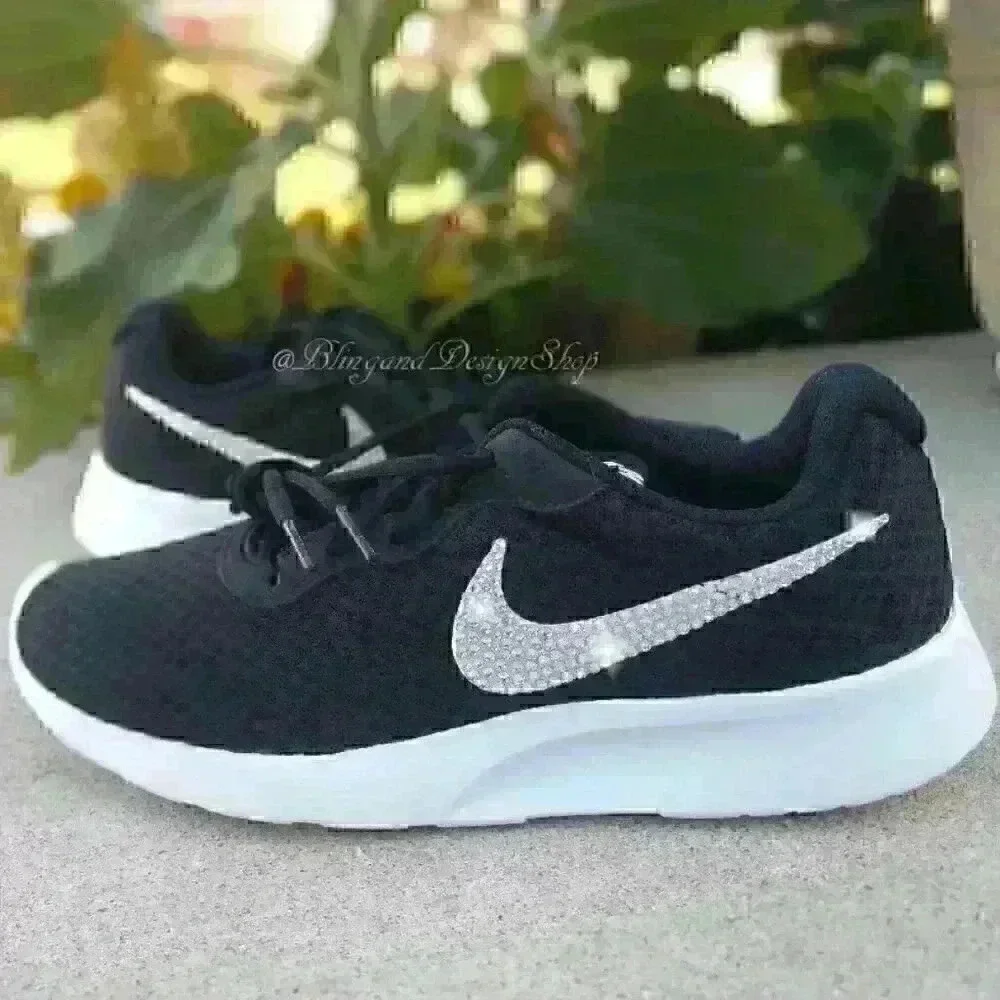 Nike Swarovski Women's Nike Tanjun Sneakers Black White Customized with Crystals